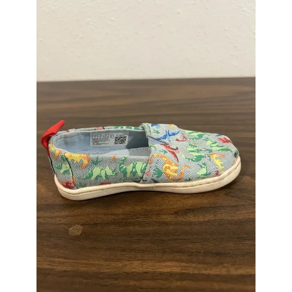 TOMS Alpargata Blue Denim Dino Slip‎ On Toddler Size 7 Shoes Dinosaur Sneakers